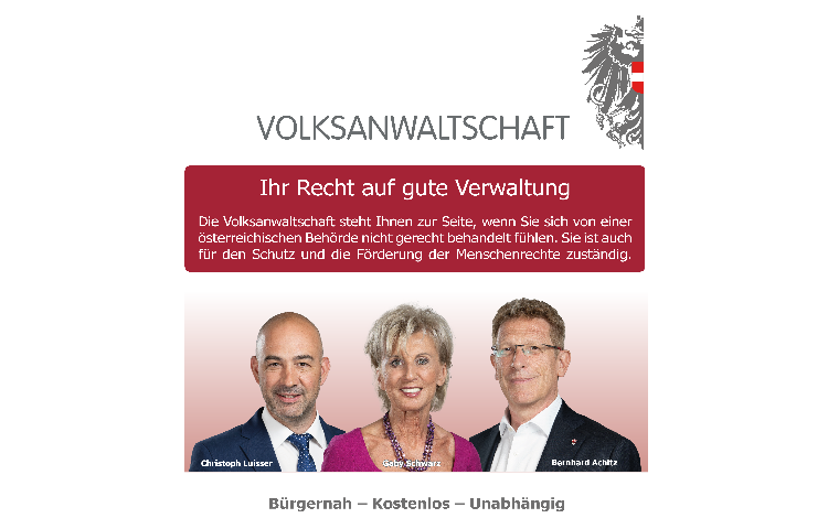 Sprechtage der Volksanwältin Gaby Schwarz sowie den Volksanwälten Christoph Luisser und Bernhard Achitz