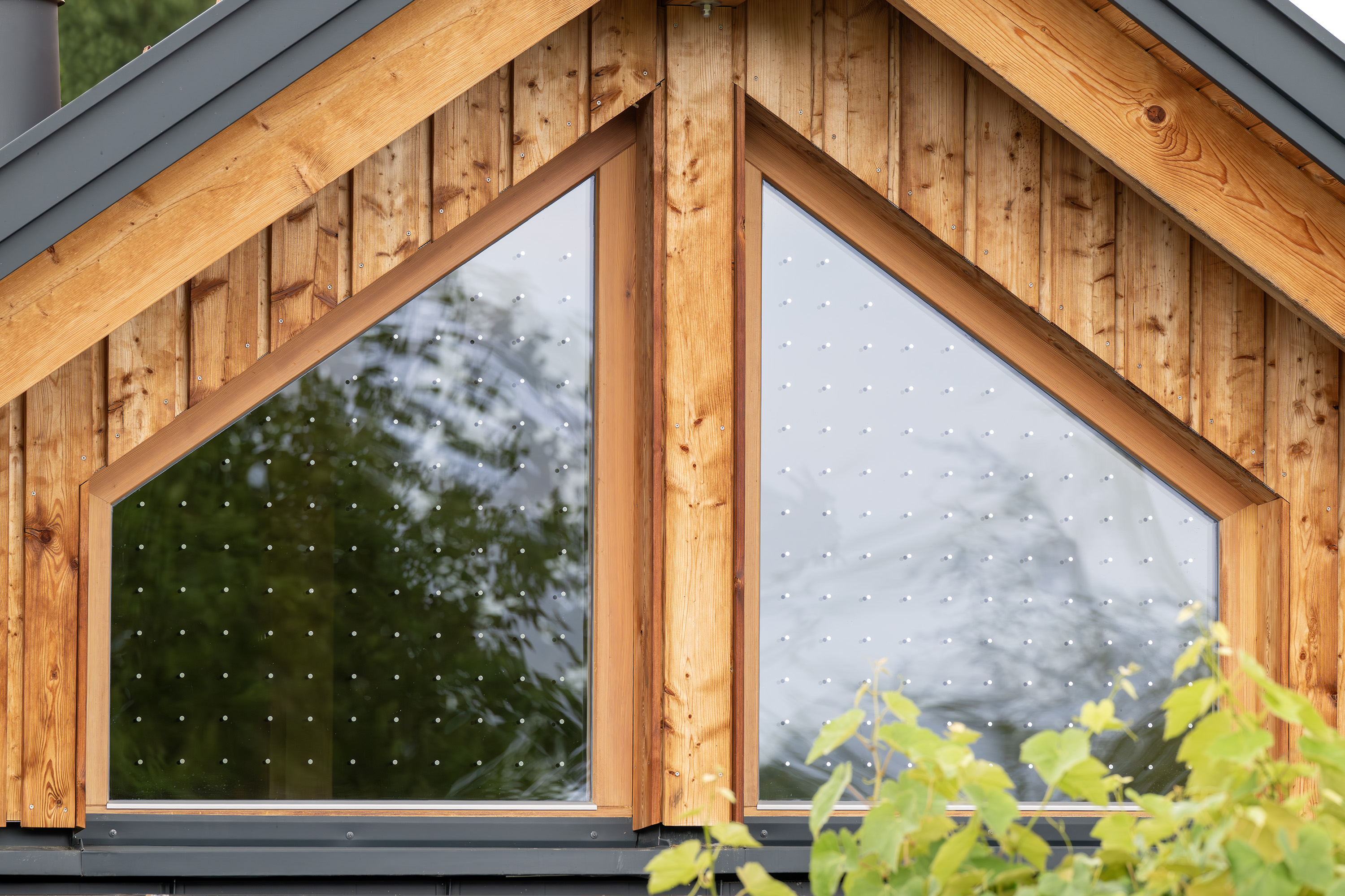 Dreieckfenster mit Holzverkleidung und Blättern im Vordergrund