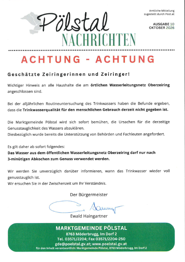 ACHTUNG! Örtliches Wasserleitungsnetz OBERZEIRING