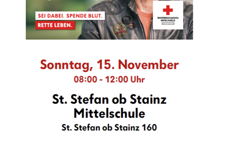 Blutspende St. Stefan ob Stainz Mittel- schule am 15. November von 08:00 bis 12:00 Uhr