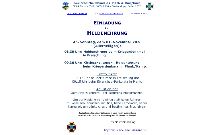 Einladung zur Heldenehrung in Freischling und Plank
