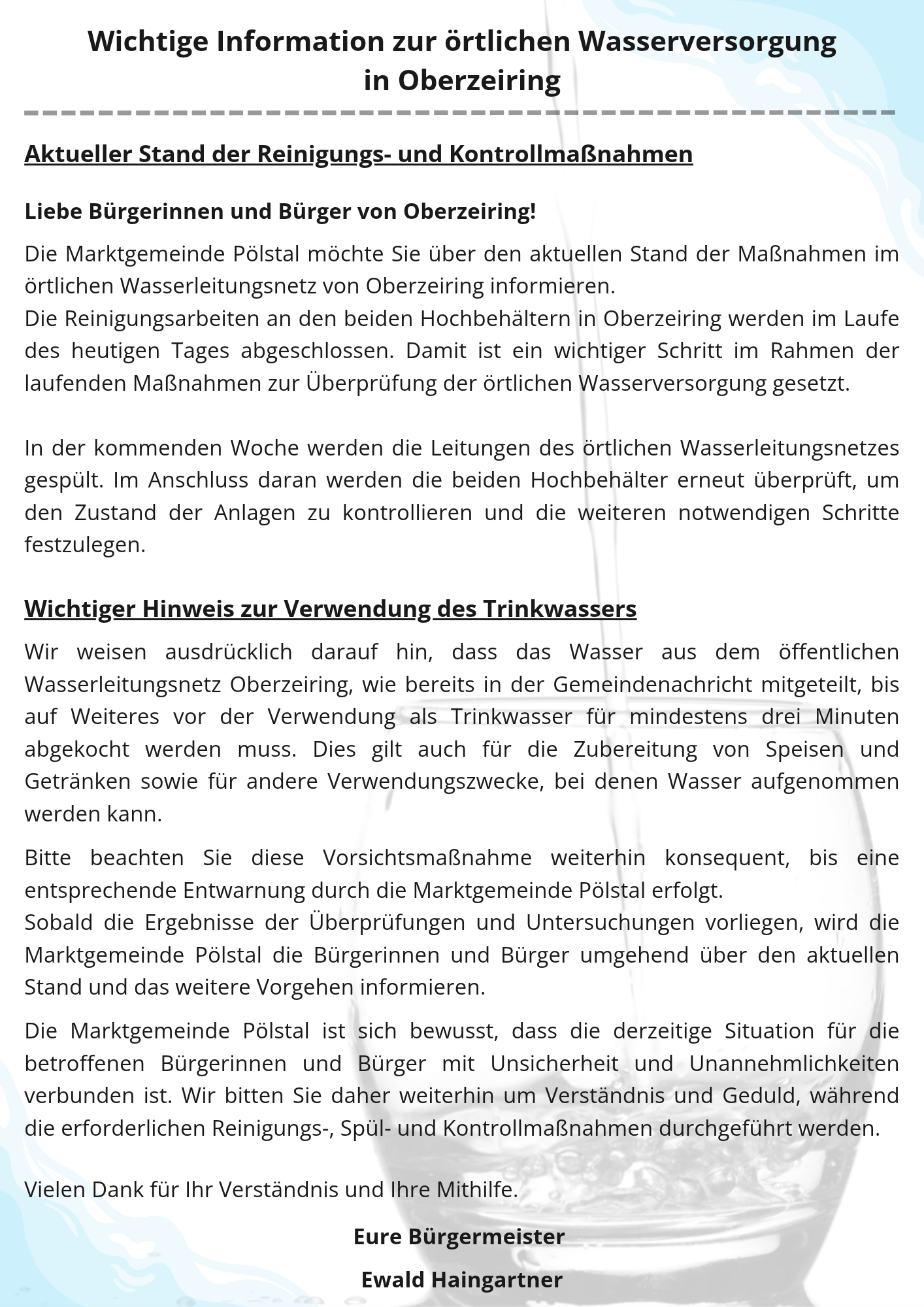 Wichtige Information zur örtlichen Wasserversorgung in Oberzeiring