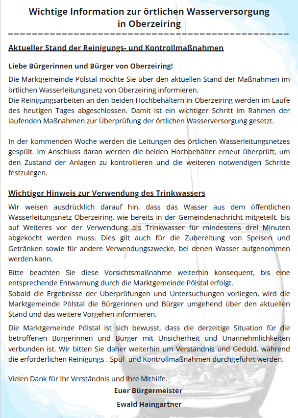 Wichtige Information zur örtlichen Wasserversorgung in Oberzeiring