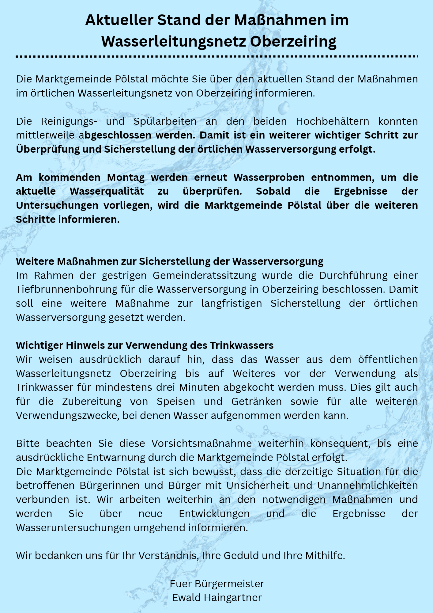 Aktueller Stand der Maßnahmen im Wasserleitungsnetz Oberzeiring